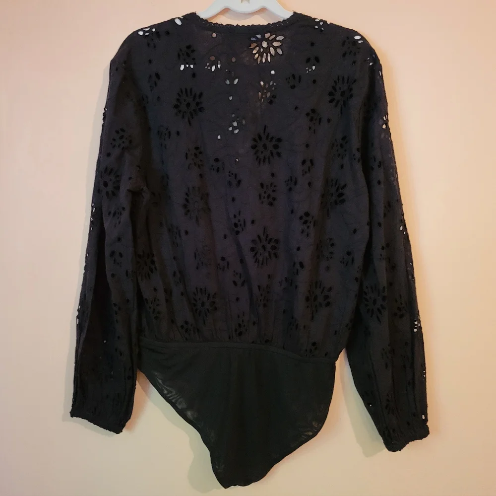 All Saints Black Amara Broderie Bodysuit, Eyelet Design, NWT, Size 6 - Picture 11 of 16